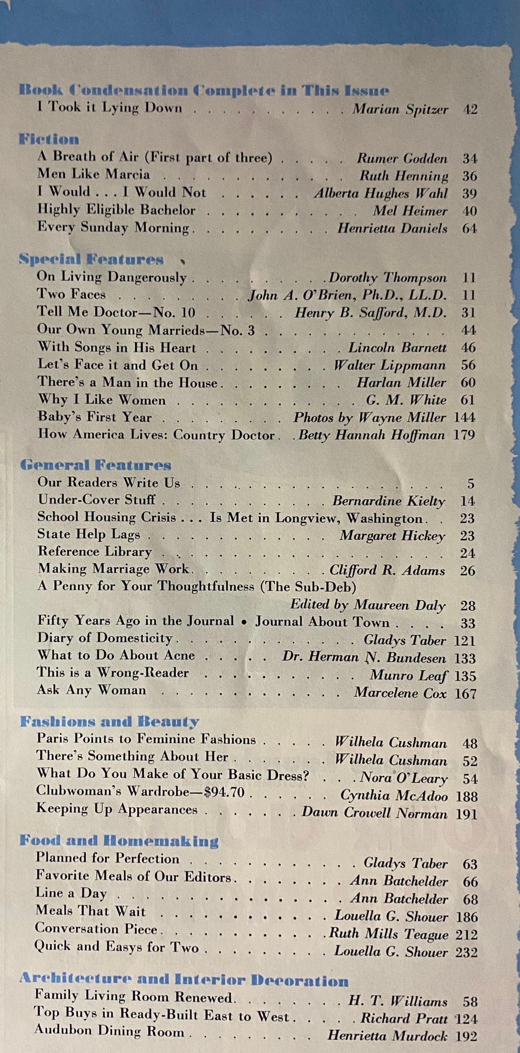 Table of contents from Ladies' Home Journal Magazine November 1950, showcasing featured articles and stories.