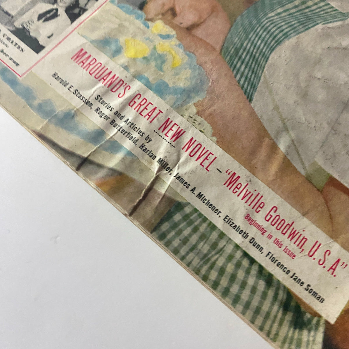 Close-up of the Ladies' Home Journal Magazine May 1951 showing promotional text for Marquand's 'Melville Goodwin, U.S.A.' alongside a featured cake.
