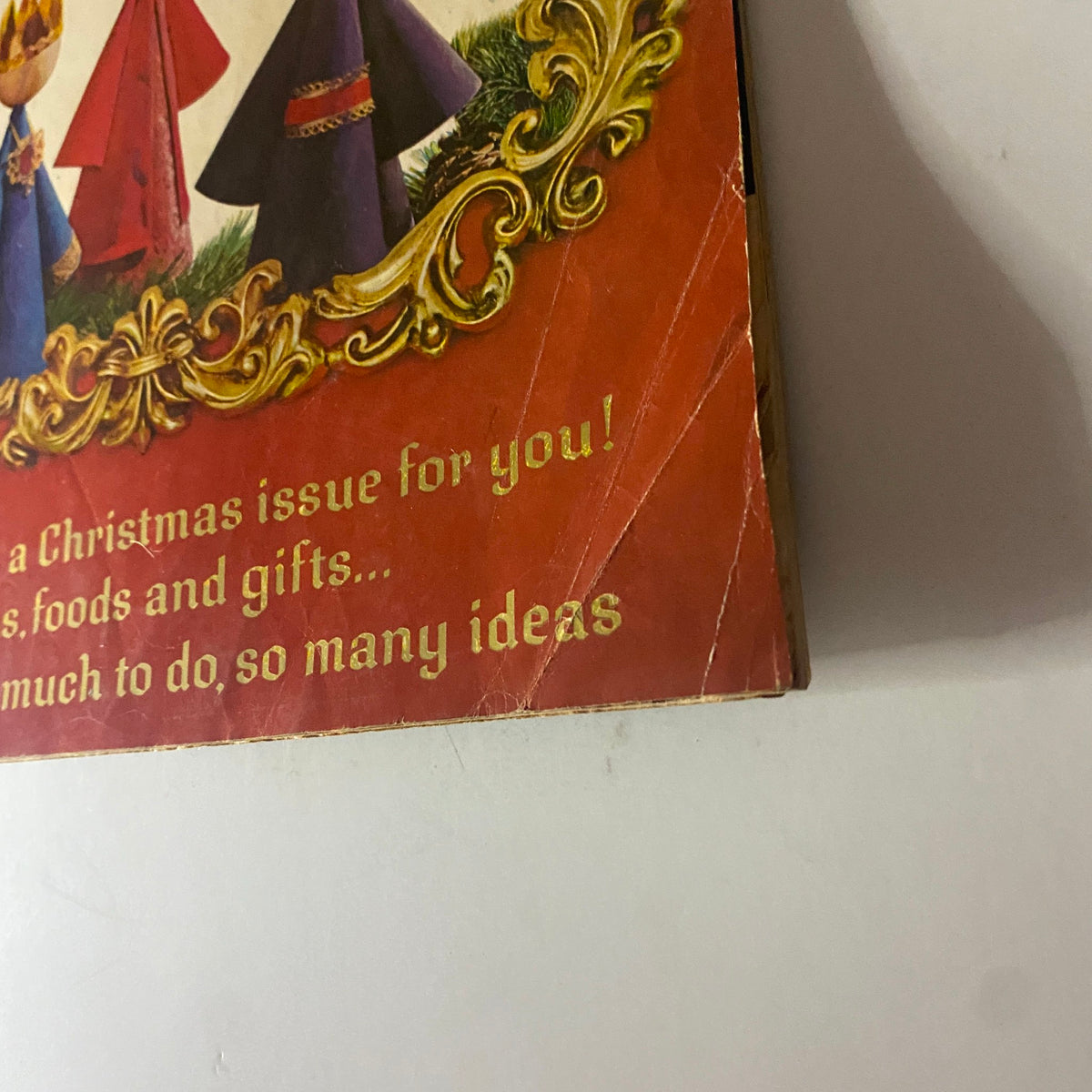 Close-up view of Better Homes & Gardens Magazine December 1963 Christmas Issue highlighting text about Christmas decorations and gifts.