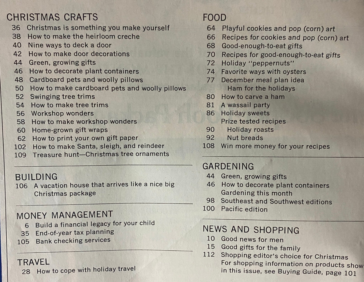 Table of contents from Better Homes & Gardens Magazine December 1967 highlighting sections on Christmas crafts, food, gardening, and holiday tips.