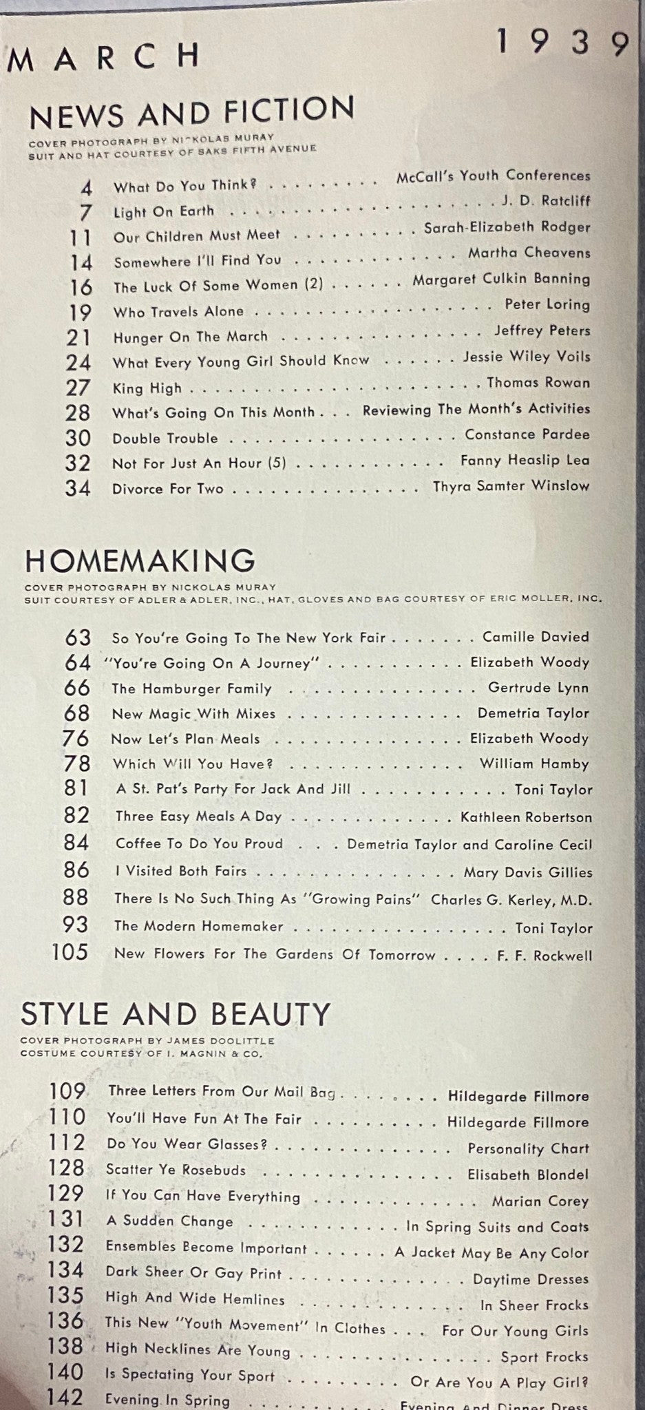 Table of contents page from McCall's Magazine March 1939, listing articles on homemaking and style, reflecting the societal trends of the pre-WWII era.