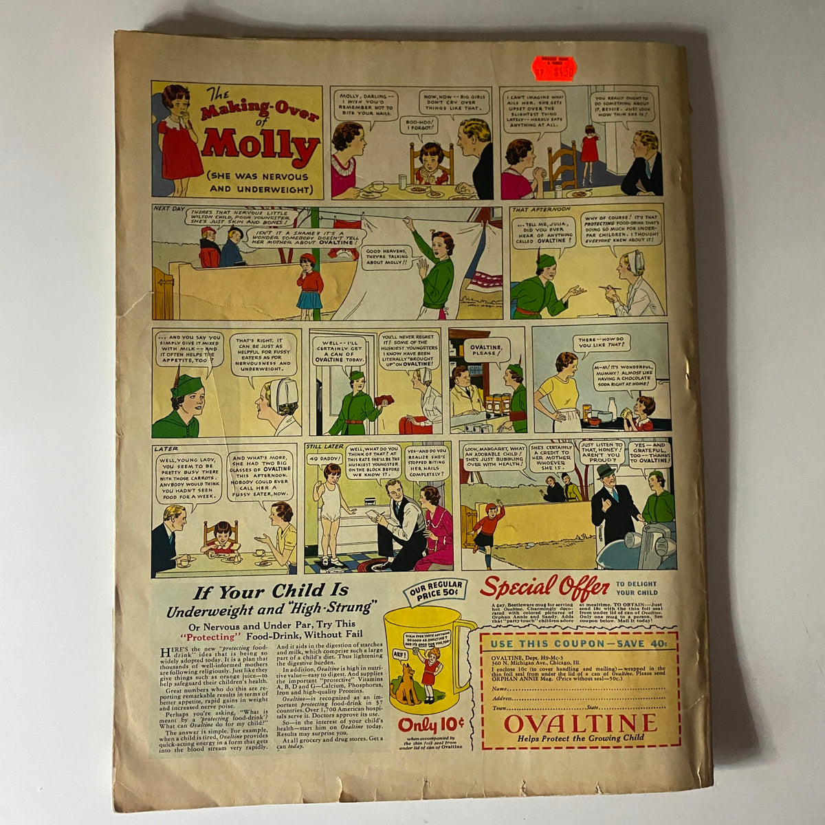 Back cover of McCall's Magazine March 1939 featuring a colorful comic titled 'The Making-Over of Molly', highlighting concerns about health and weight, with ads promoting Ovaltine, reflecting 1930s advertising styles.