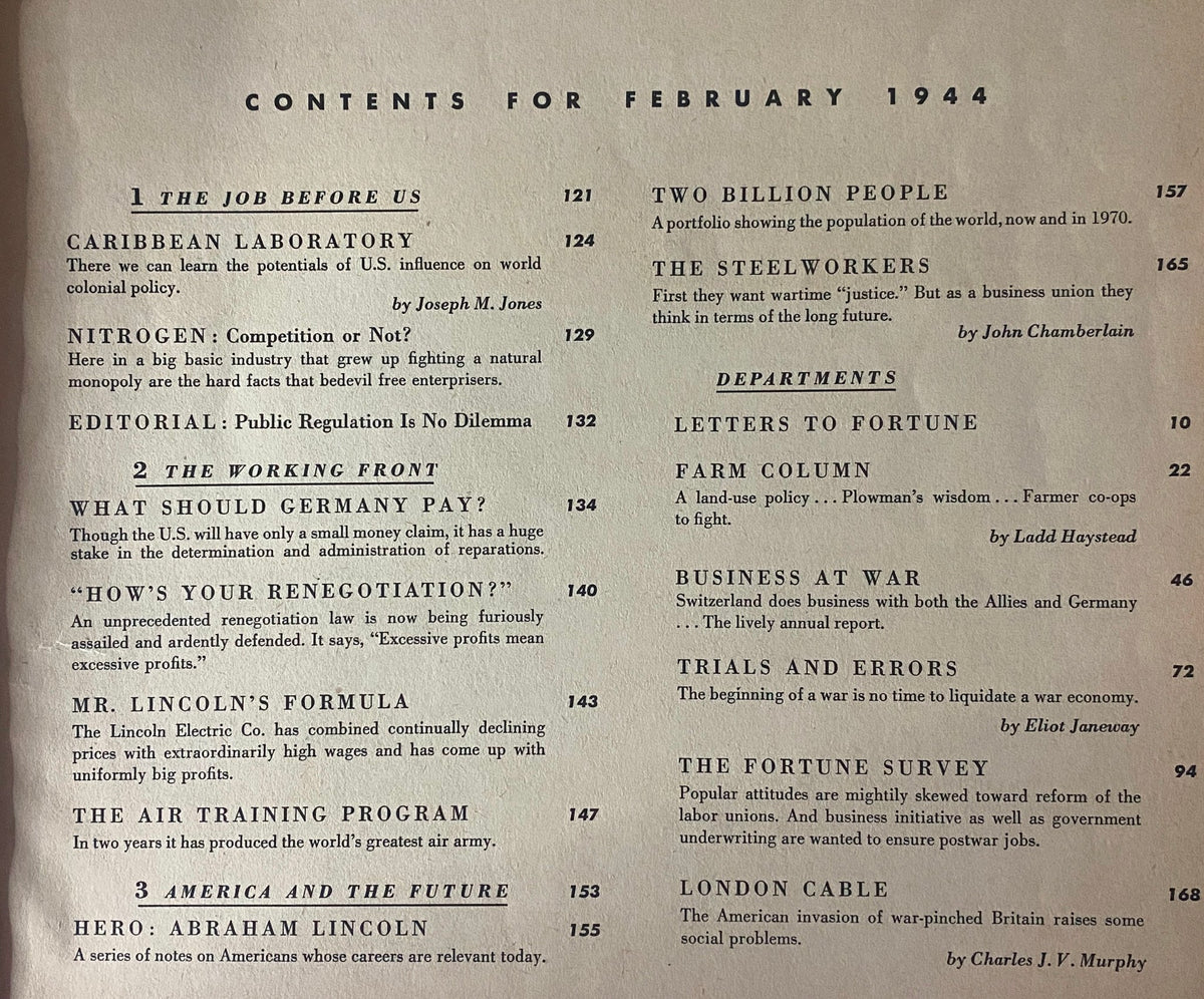 Table of contents for Fortune Magazine February 1944, outlining key articles and features, including discussions on Abraham Lincoln and wartime economy.