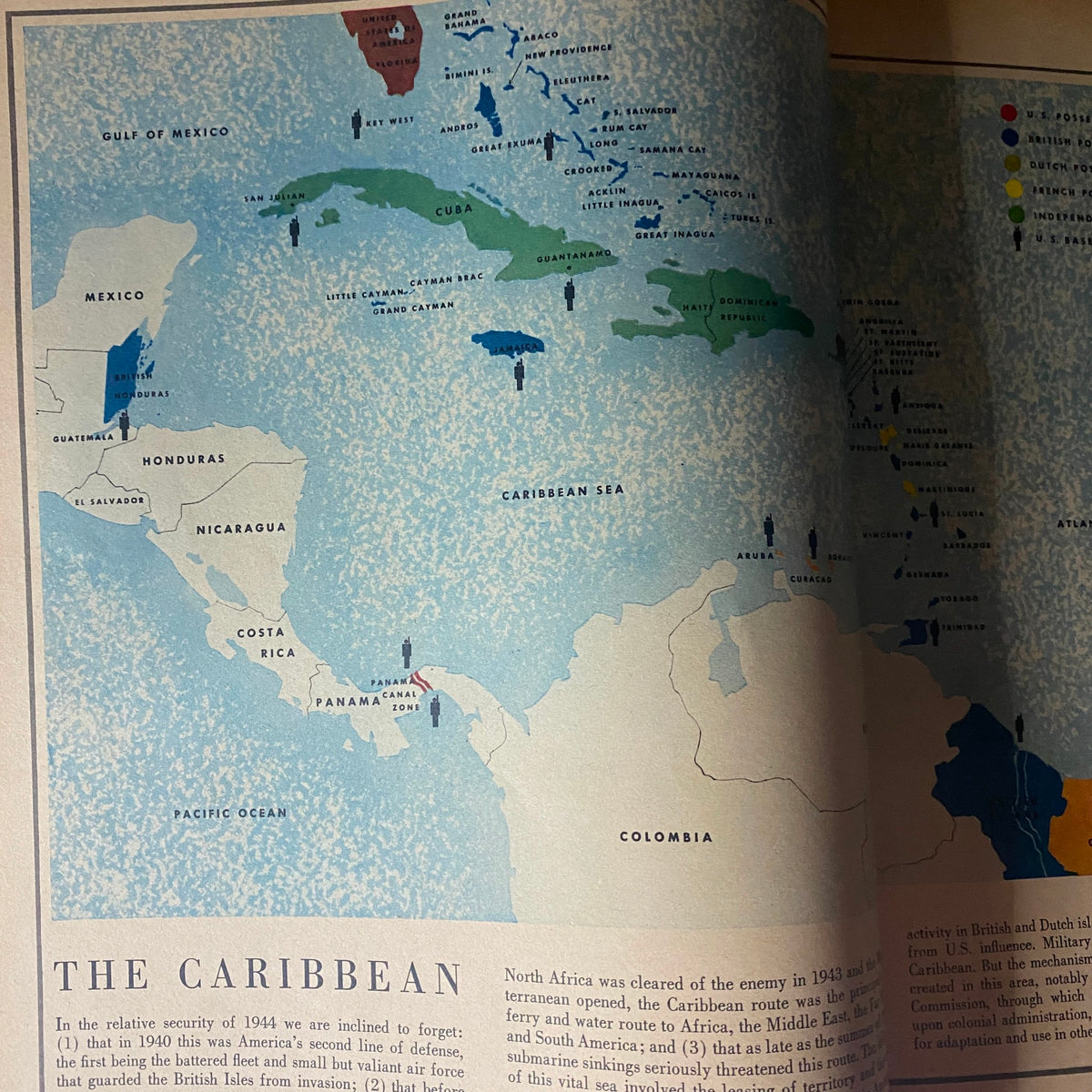 Map illustration from Fortune Magazine February 1944, detailing the Caribbean region and its geopolitical significance during World War II.