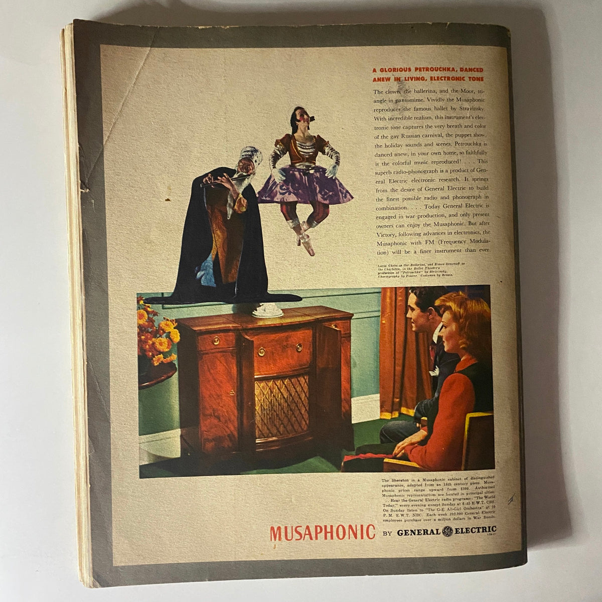 Back cover of Fortune Magazine February 1944, showcasing a vintage advertisement for the Musaphonic by General Electric, highlighting mid-20th century technology.