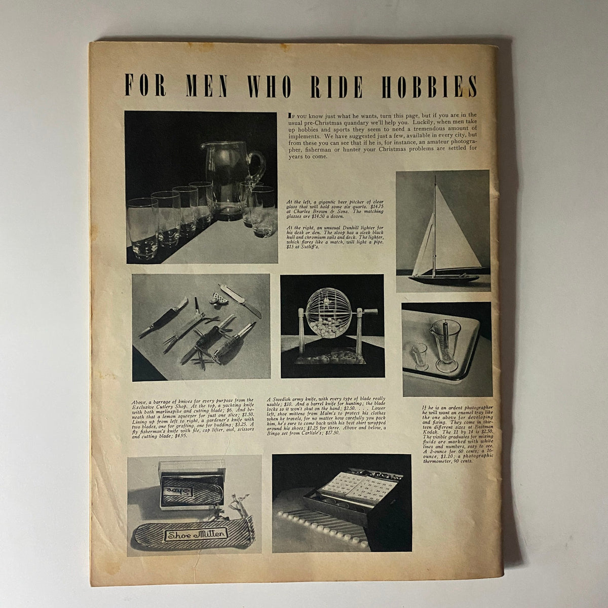 Advertisement page from Homes of The West Magazine December 1937 highlighting gift ideas for men who enjoy hobbies.