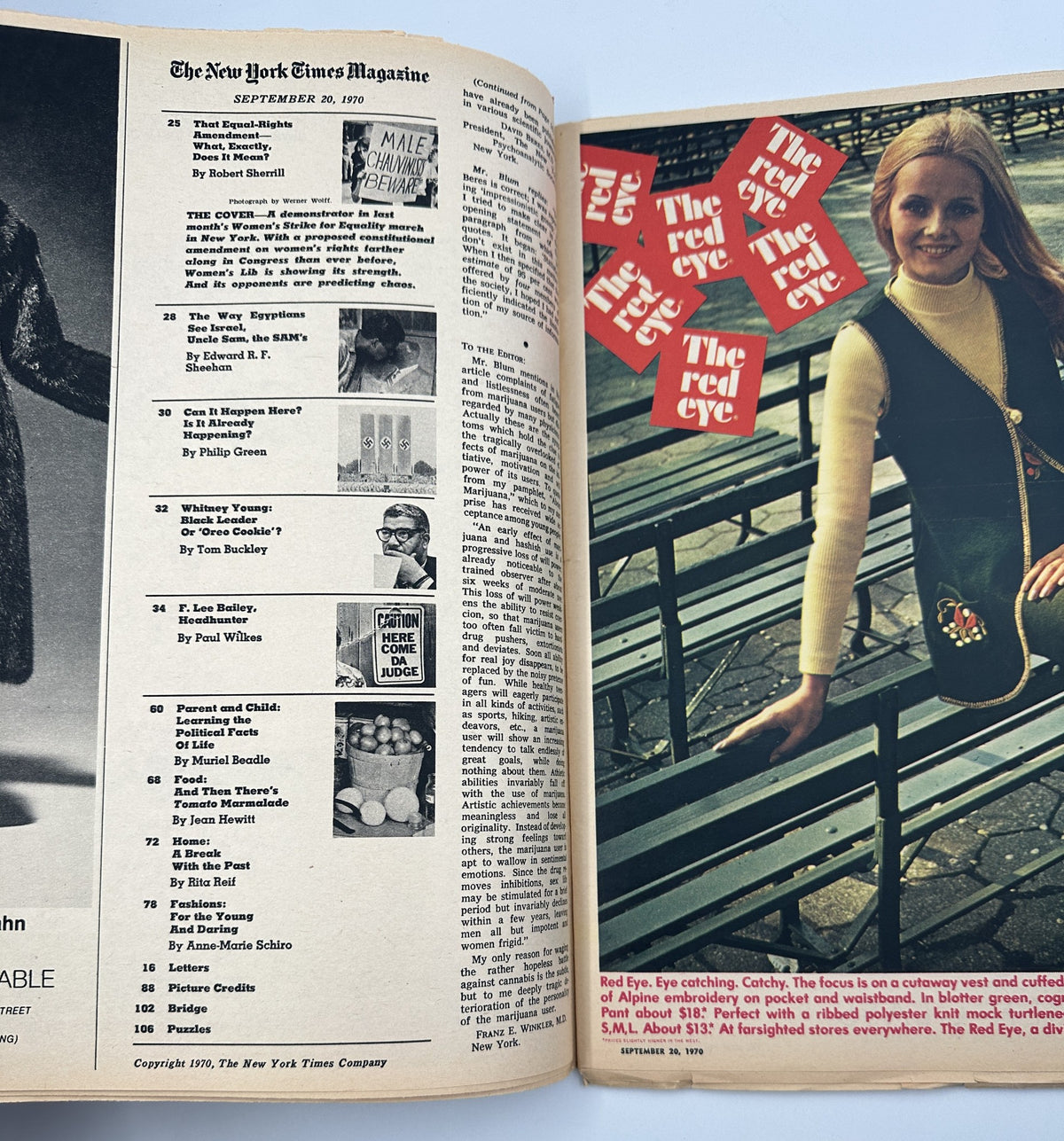 Inside spread of The New York Times Magazine September 20, 1970 showcasing articles including 'That Equal-Rights Amendment' by Robert Sherrill and a fashion advertisement.