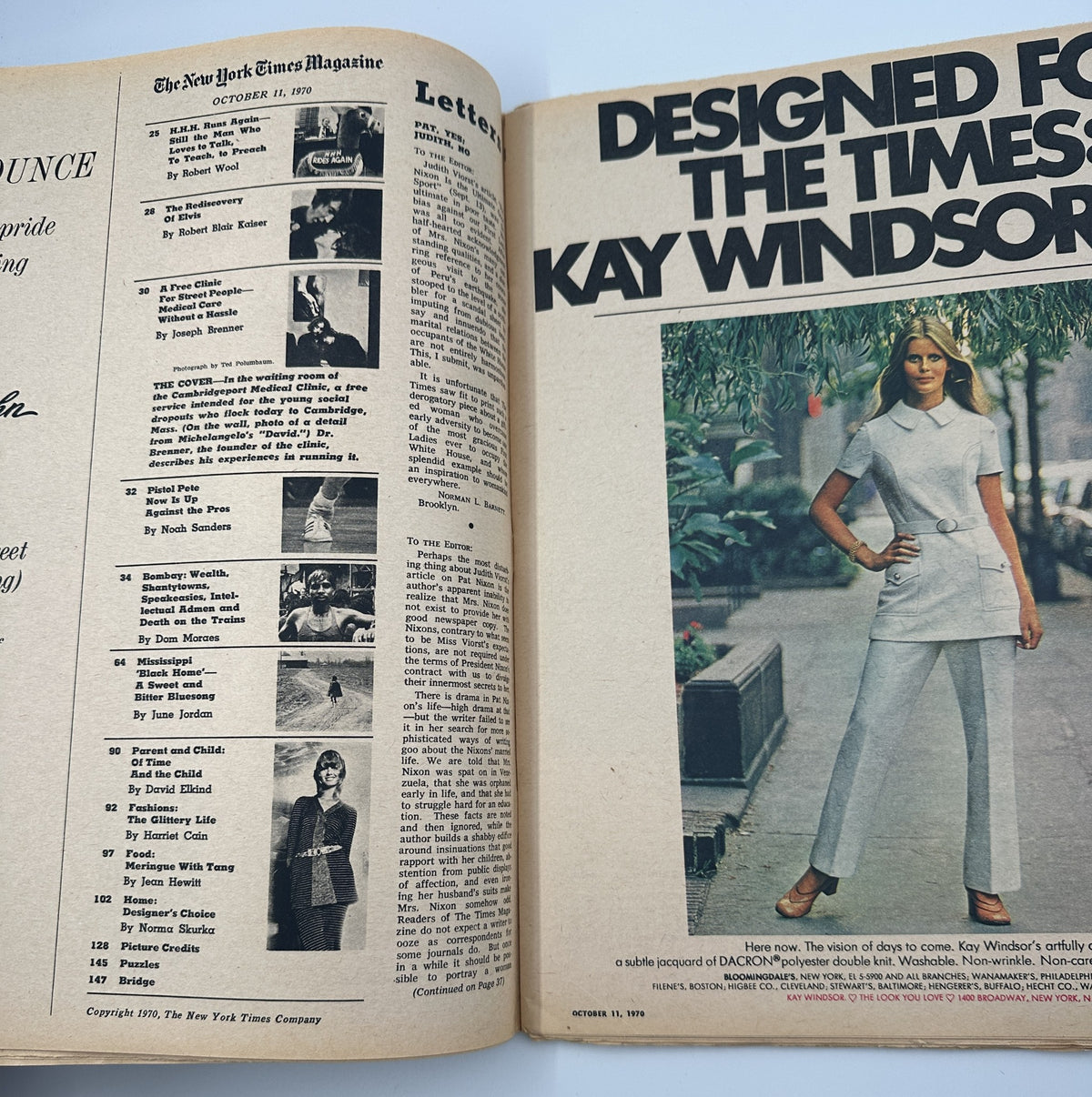 The New York Times Magazine October 11, 1970 interior spread featuring a fashion advertisement for Kay Windsor, showcasing a model in a stylish outfit. The layout highlights the contemporary fashion trends of the era.