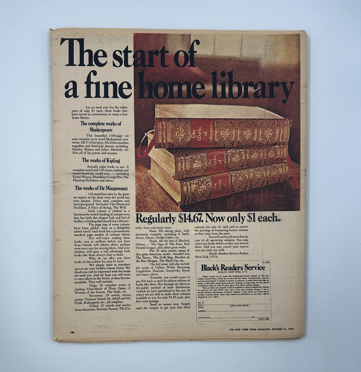 The New York Times Magazine October 11, 1970 back cover advertisement presenting a promotion for classic literature, featuring a stack of books with the phrase 'The start of a fine home library' and pricing information.