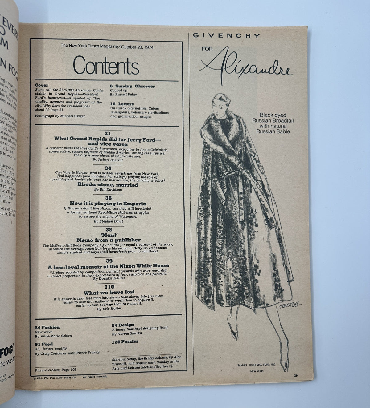 The New York Times Magazine October 20, 1974 contents page detailing articles including a feature on what Jerry Ford did for Grand Rapids, illustrated by a fashion sketch for Givenchy.