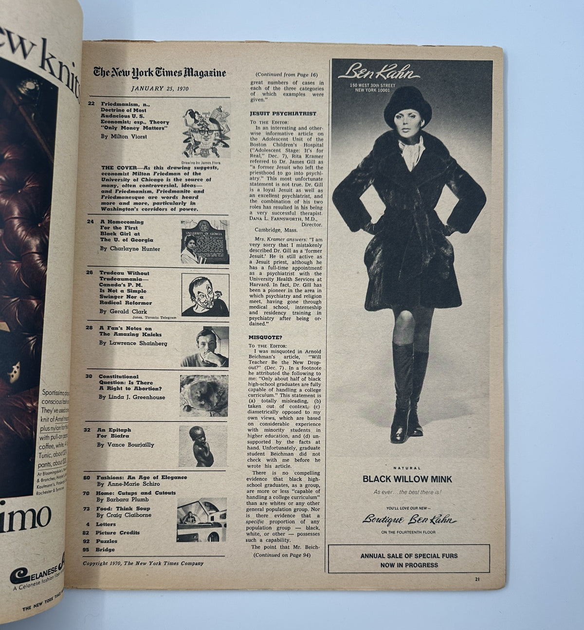Page from The New York Times Magazine, January 25, 1970, featuring the Table of Contents including notable articles such as 'A Homecoming' and 'Trudeau Without Trudeaumania', along with a fashion advertisement for Black Willow Mink.