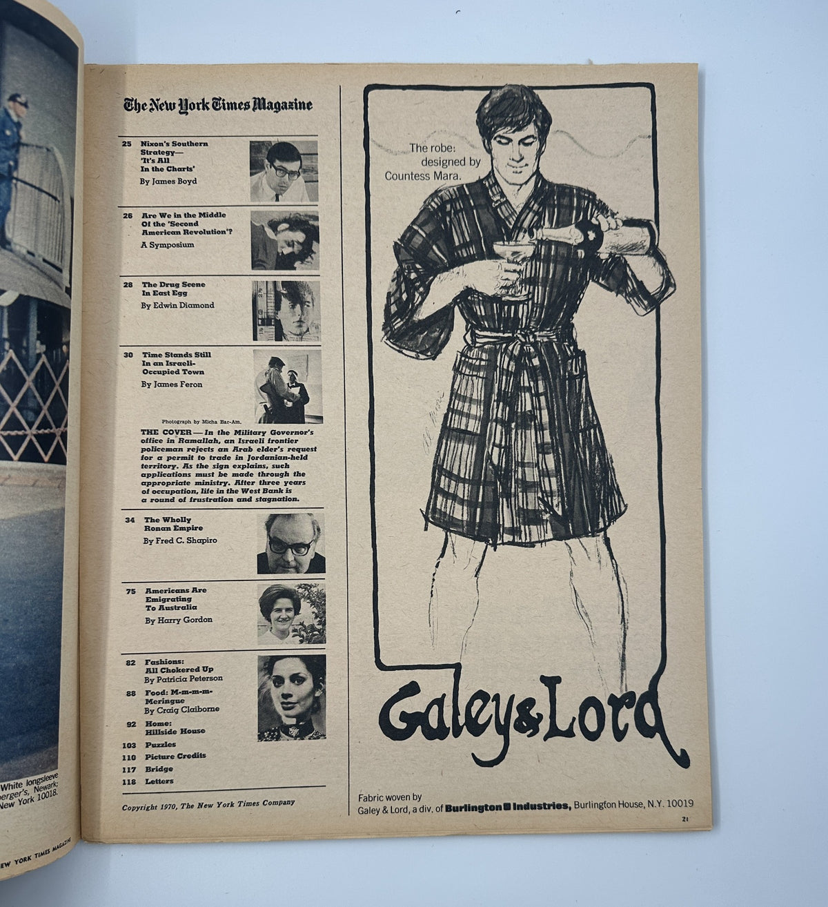 Inside page of The New York Times Magazine showcasing an advertisement for Galey & Lord robes designed by Countess Mara, including the iconic magazine title.