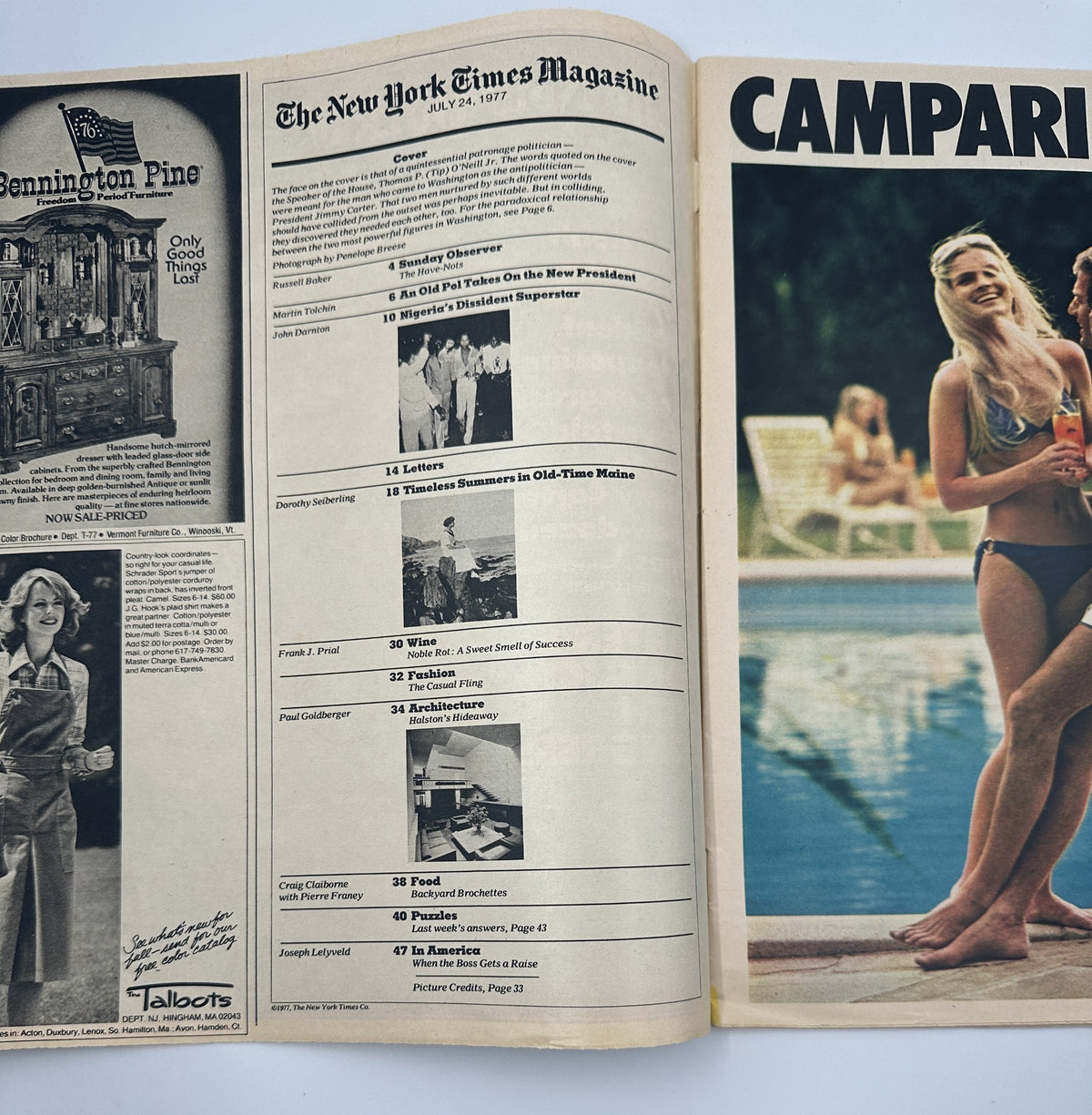 Inside spread of The New York Times Magazine July 24, 1977 showcasing the Table of Contents, highlighting various featured articles including a piece about Jimmy Carter and Congress.