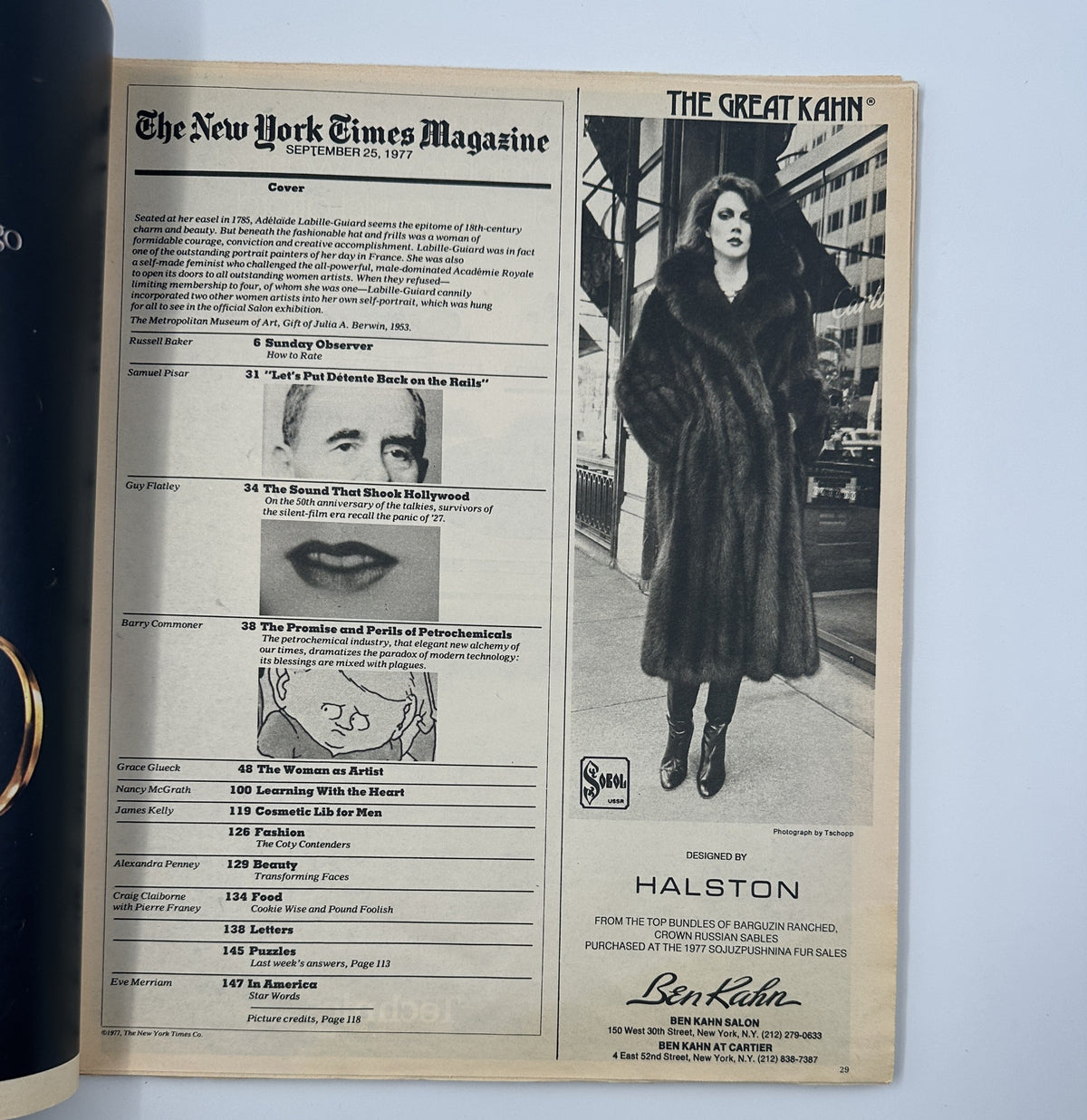 The New York Times Magazine September 25, 1977 interior page showing the Table of Contents, highlighting featured articles including 'The Woman as Artist' and advertisements for Halston.