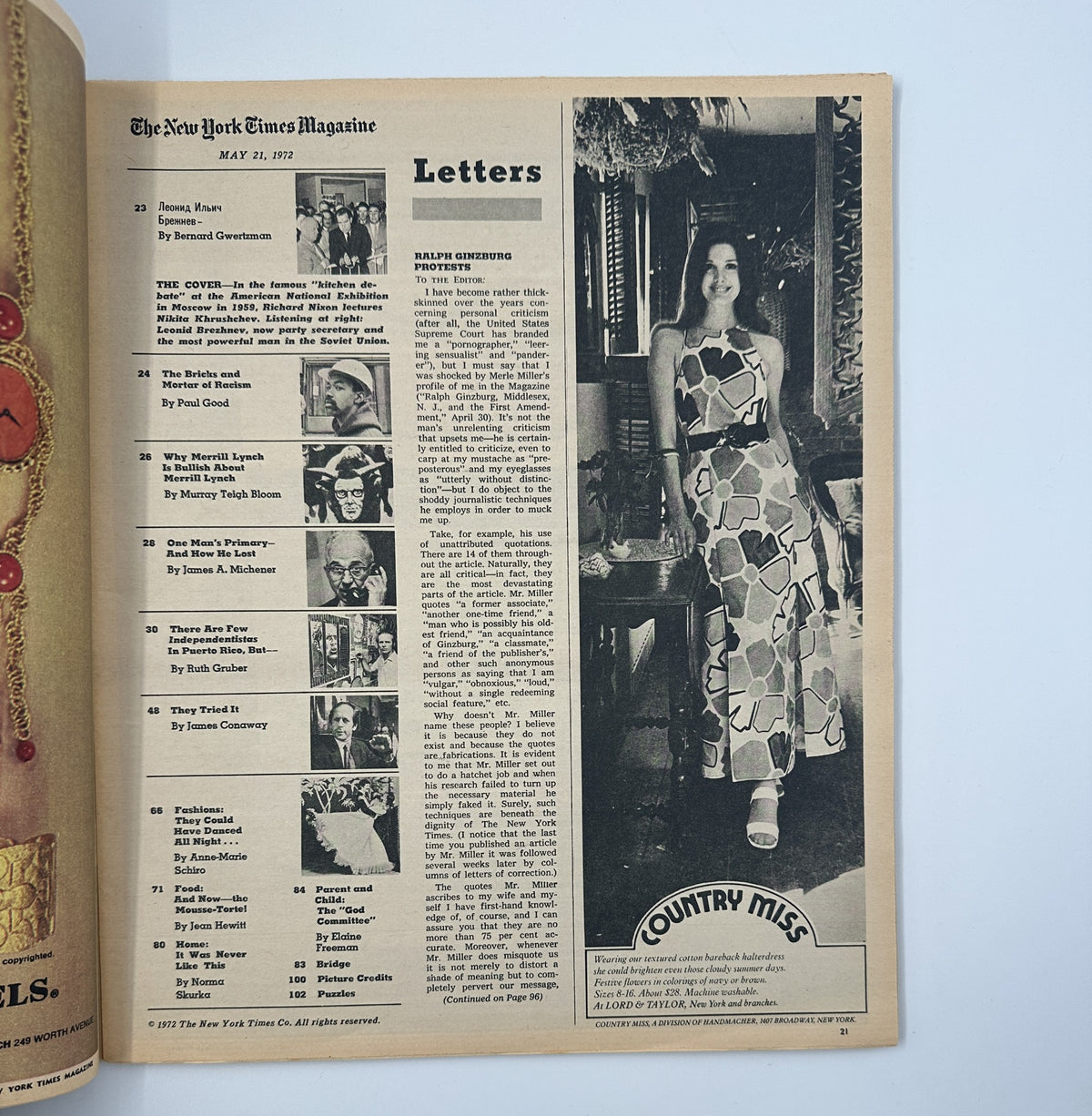 The New York Times Magazine May 21, 1972 Letters section featuring a variety of reader correspondence alongside images of a fashion model, reflecting the magazine's diverse content.