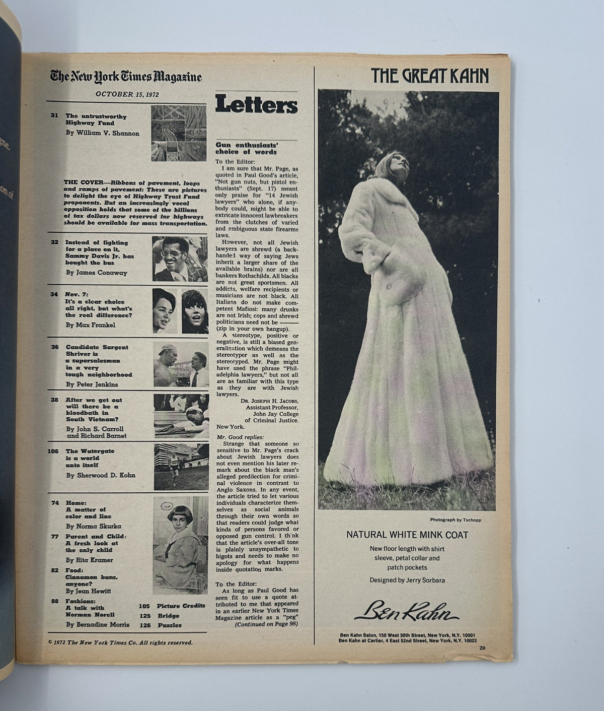 Letters section of The New York Times Magazine dated October 15, 1972 featuring content list including articles by William V. Shannon and James Conaway, alongside an advertisement for Ben Kahn's natural white mink coat.