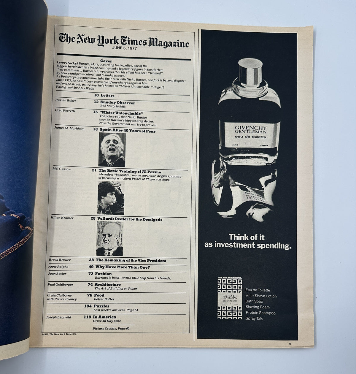 The New York Times Magazine June 5, 1977 features an advertisement for Givenchy Gentleman cologne, emphasizing investment spending. The layout includes the table of contents and references prominent articles and topics from the issue.