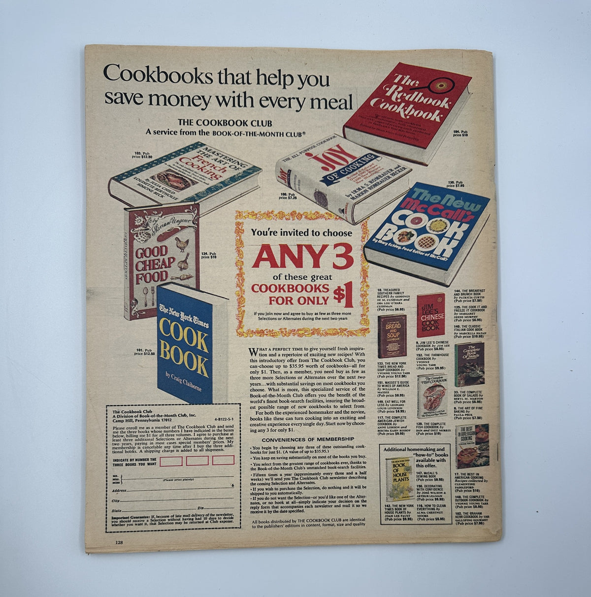 Advertisement page from The New York Times Magazine promoting cookbooks available through the Cookbook Club, titled 'Cookbooks that help you save money with every meal'.