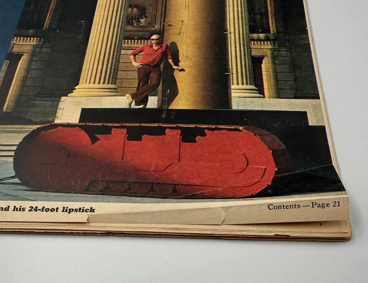 The New York Times Magazine September 21, 1969 Claes Oldenburg Lipstick, featuring a pop art sculpture of a 24-foot lipstick on a caterpillar track, with Claes Oldenburg leaning against it on Yale's campus.