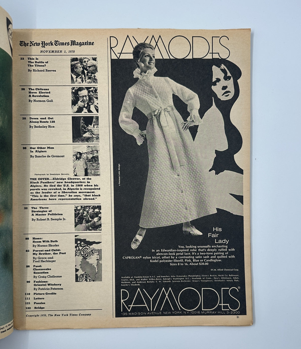 An advertisement from The New York Times Magazine, November 1, 1970, showcasing fashion by Raymodes, promoting a dress, with a stylish model and bold black and white graphics.