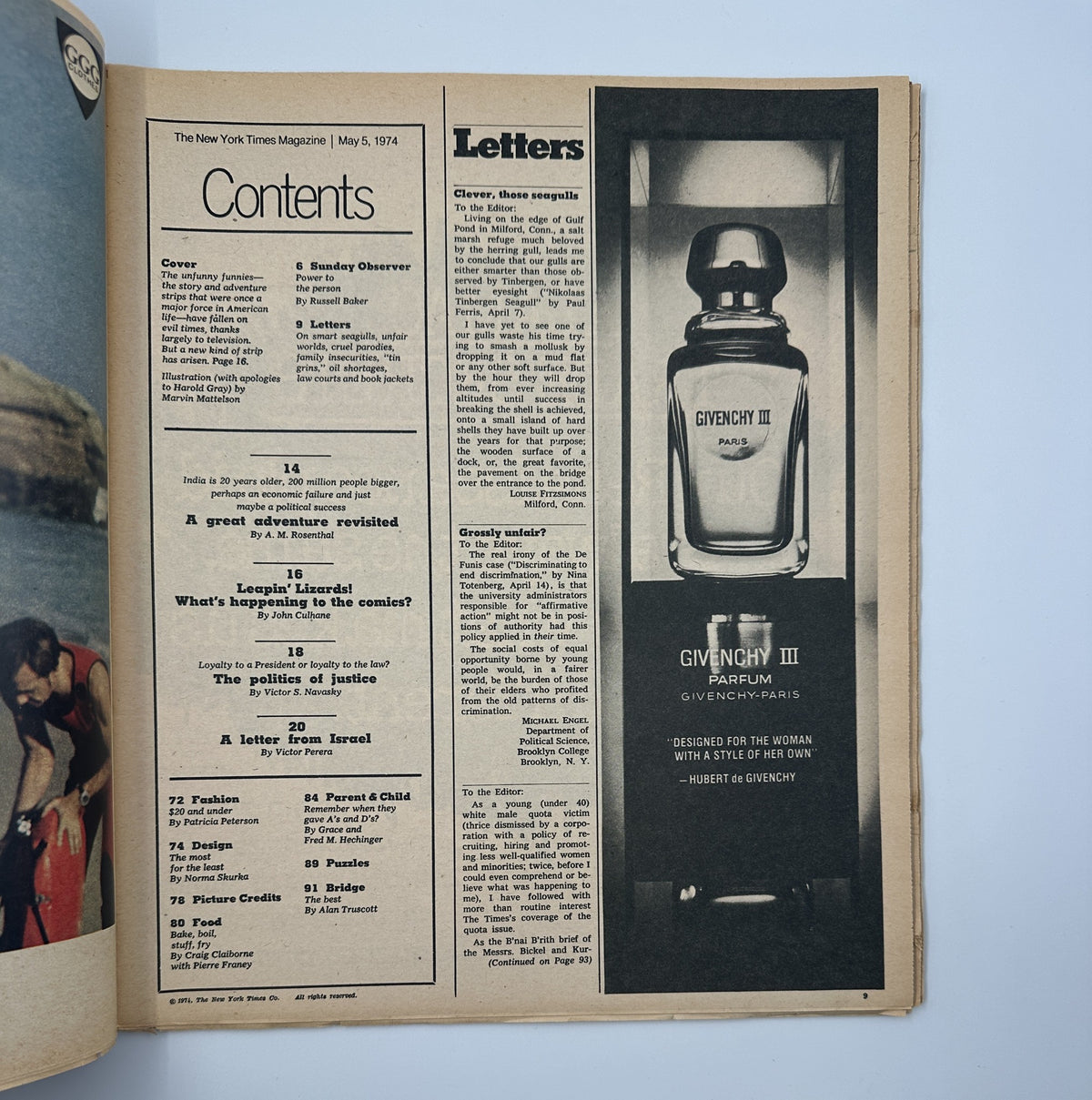 The New York Times Magazine May 5, 1974 Leapin’ Lizards Comics Cover featuring the 'Letters' section with an advertisement for Givenchy III perfume.