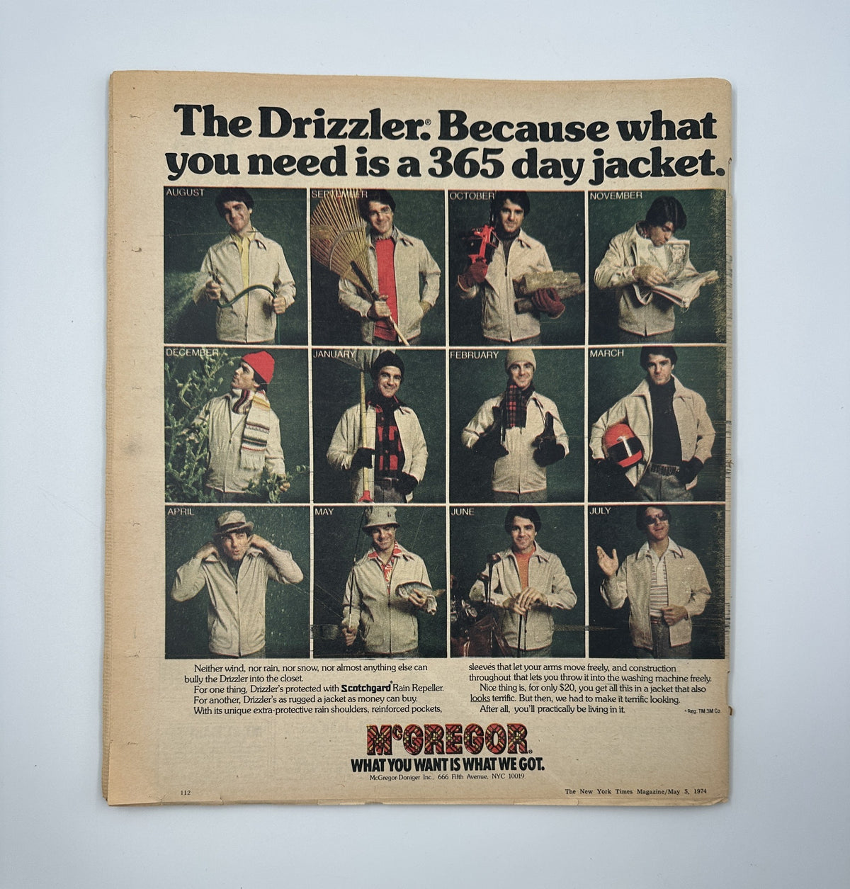 The New York Times Magazine May 5, 1974 Leapin’ Lizards Comics Cover showcasing an advertisement for 'The Drizzler' jacket, highlighting various styles for every month of the year.