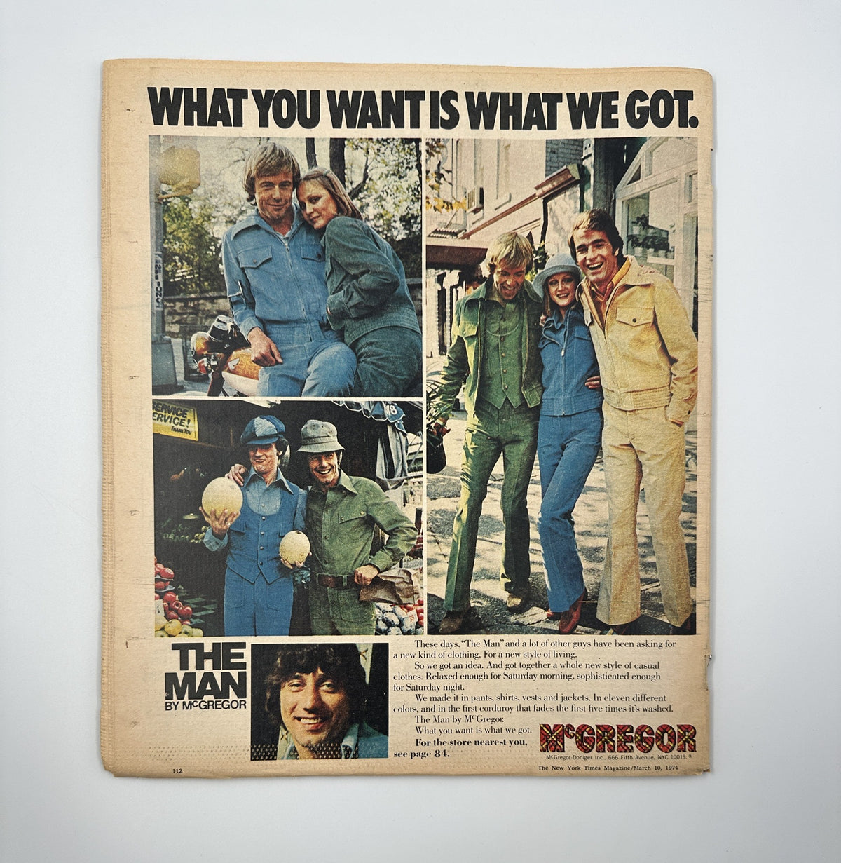 Back cover of The New York Times Magazine March 10, 1974, featuring an advertisement titled 'What You Want Is What We Got' with models showcasing stylish clothing.