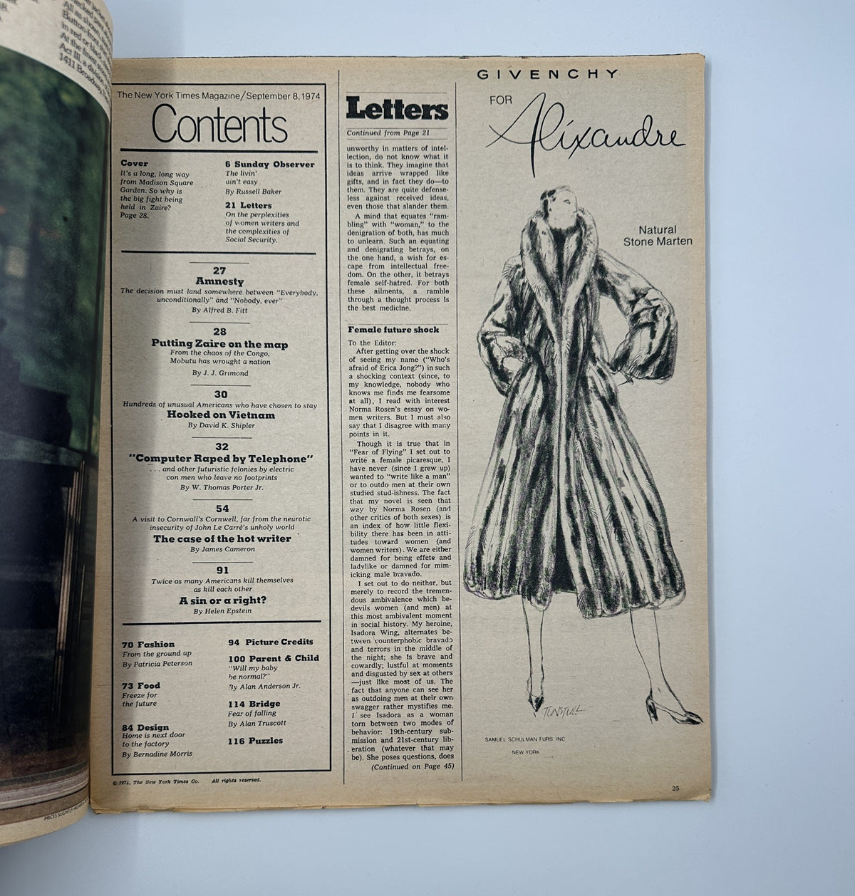 Interior page of The New York Times Magazine, September 8, 1974, displaying the table of contents including features like 'Putting Zaire on the Map' and 'Computer Raped by Telephone'.