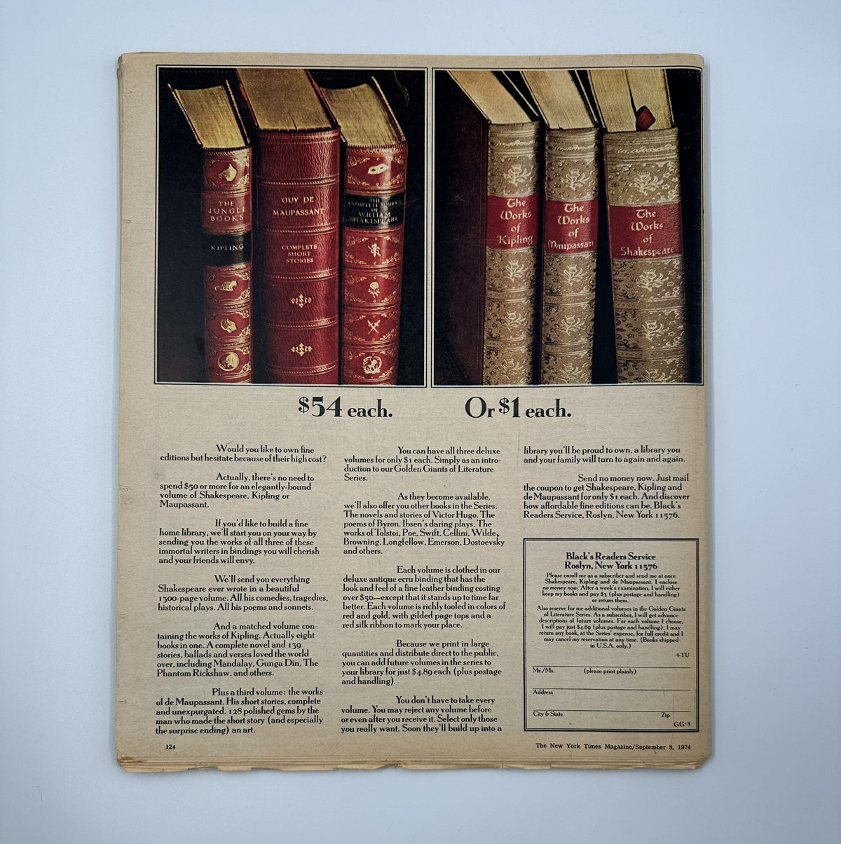 Back cover of The New York Times Magazine, September 8, 1974, showcasing classic book bindings and an advertisement for books priced at $54 and $1 each.