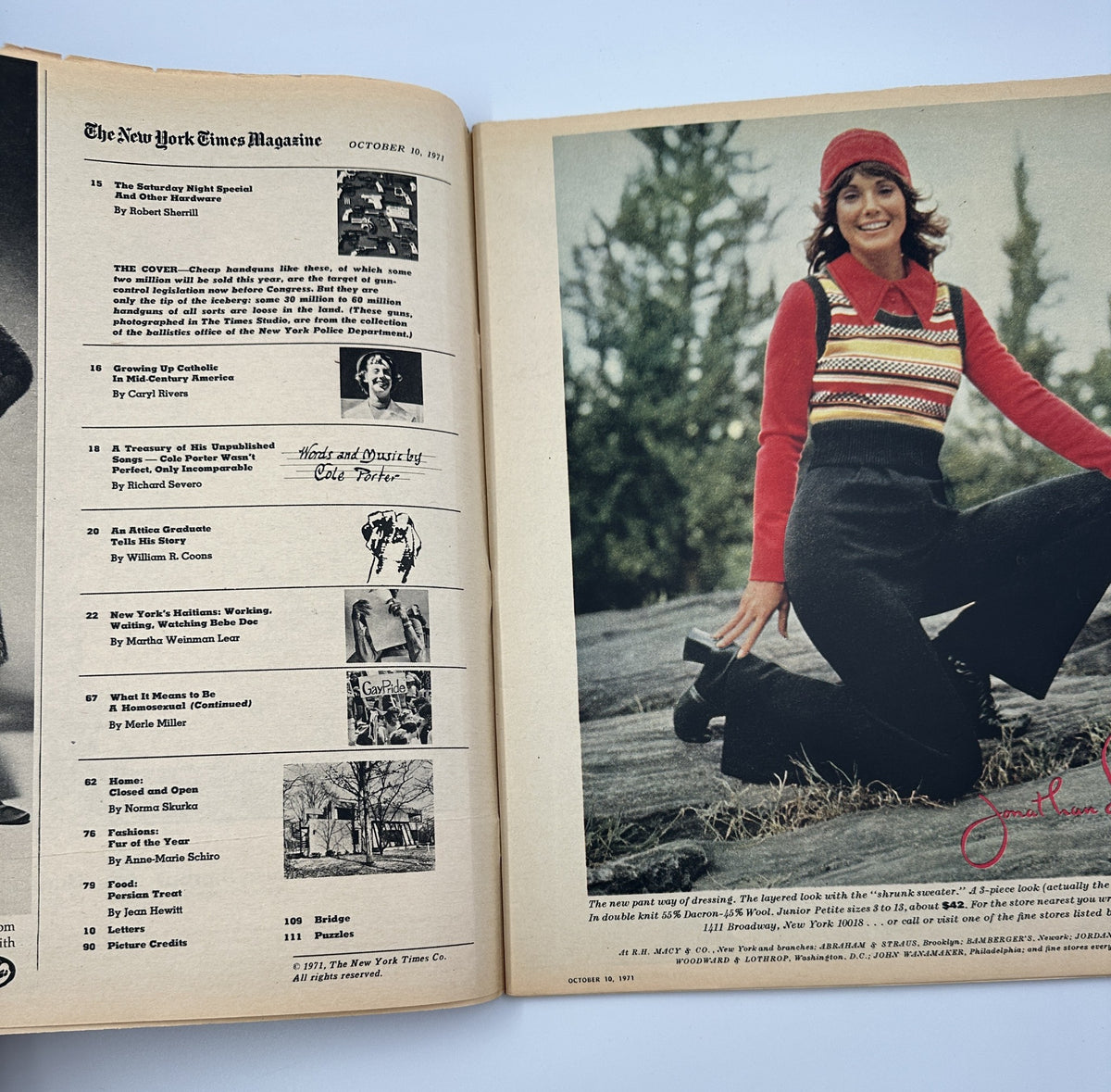 The New York Times Magazine October 10, 1971 showing a model in a stylish outfit on a natural background, alongside the Table of Contents featuring various articles and features.