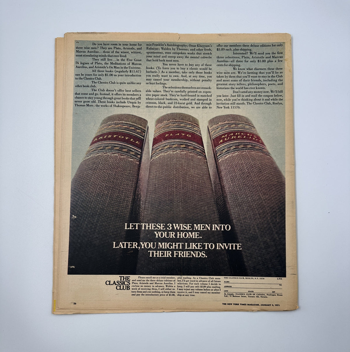Back cover of The New York Times Magazine, January 3, 1971, showcasing an advertisement for The Classics Club with three prominent books and text inviting readers to explore classic literature at home.