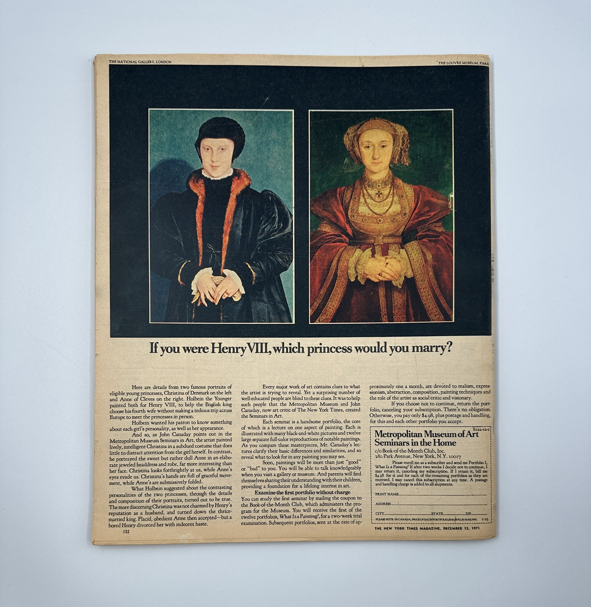 Cover of The New York Times Magazine from December 12, 1971, featuring a discussion on hypothetical marital choices for Henry VIII, showing images of two historical figures with text asking which princess one would marry, relevant to strip-mining in Appalachia.