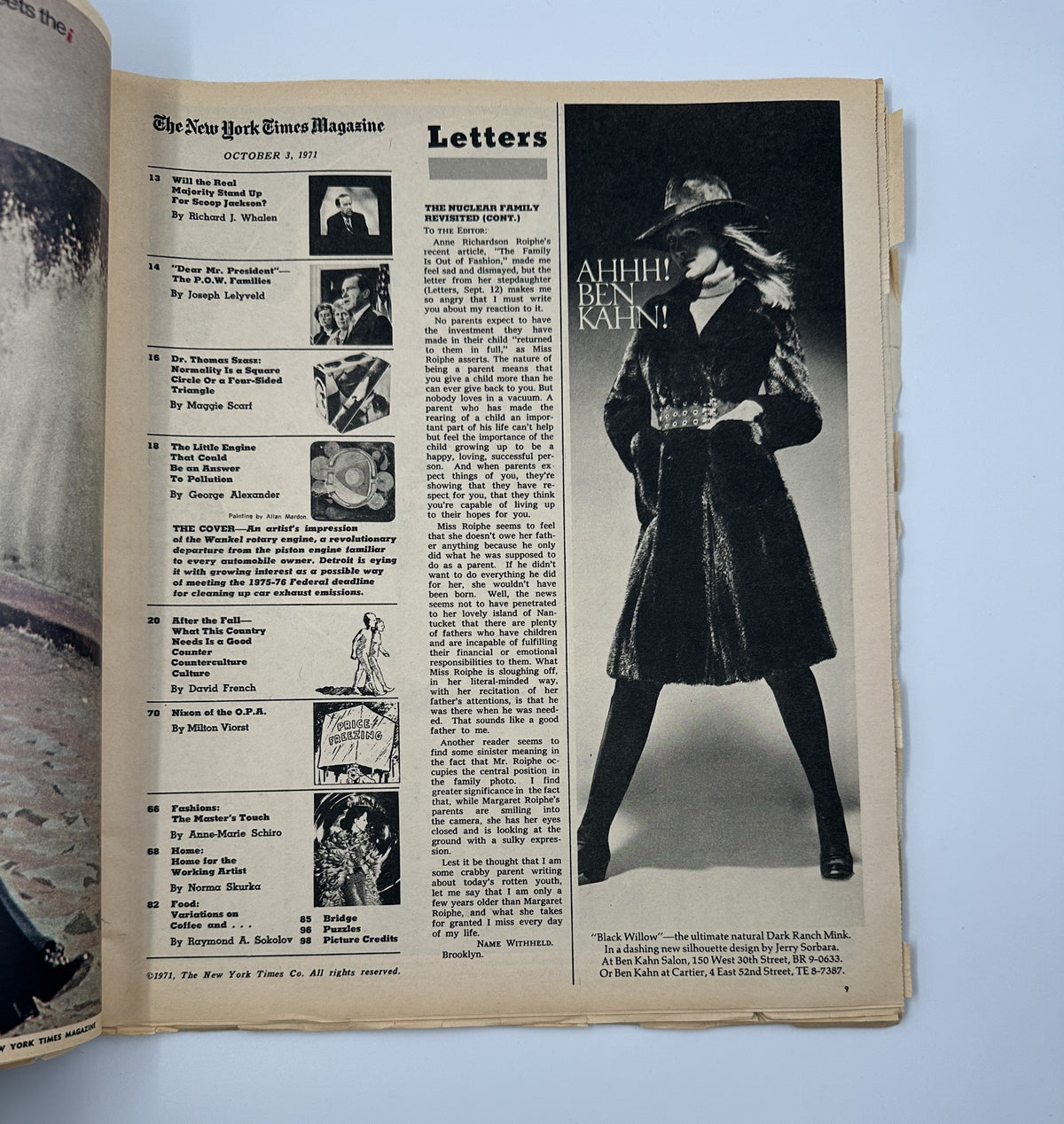 The New York Times Magazine October 3, 1971, featuring a 'Letters' section with a stylish model in a black coat. The page captures reader correspondence, providing insight into societal views during the 1970s.