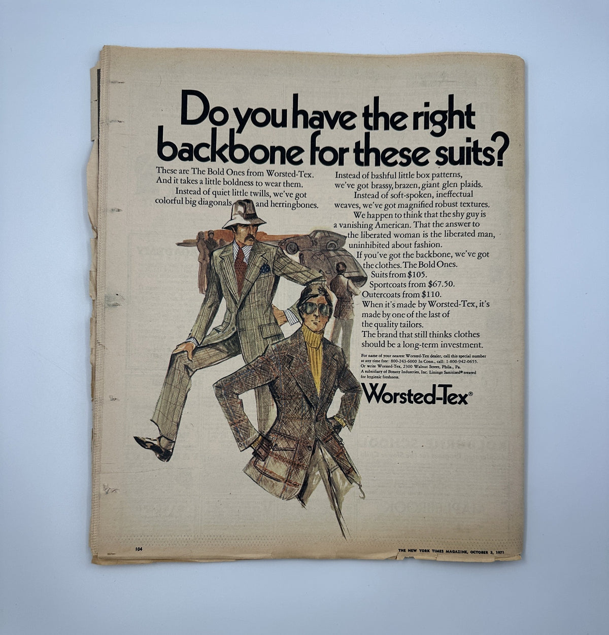 The New York Times Magazine October 3, 1971, showcasing an advertisement for Worsteds-Tex suits. The image features two models in bold fashion, emphasizing the distinctive suit patterns available, perfect for stylish individuals seeking quality attire.