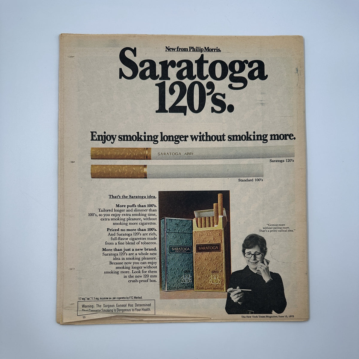 Ad for Saratoga 120's cigarettes in The New York Times Magazine June 15, 1975, promoting a unique smoking experience with a focus on style.