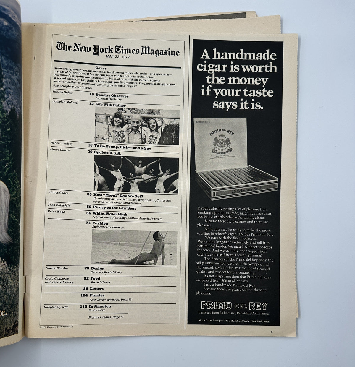 Inside page from The New York Times Magazine May 22, 1977 showing the Table of Contents, highlighting articles including 'To Be Young, Rich—and a Spy' and 'Sunday Observer,' along with an advertisement.