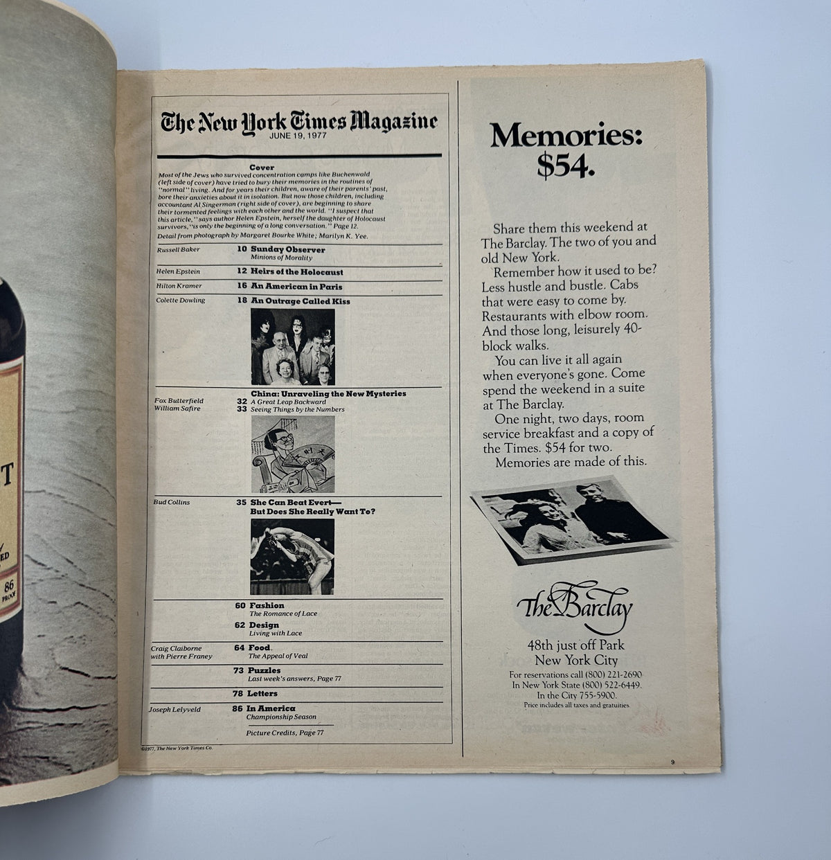 Interior page of The New York Times Magazine from June 19, 1977, showcasing the Table of Contents and advertisement, with details related to memories of the survivors.