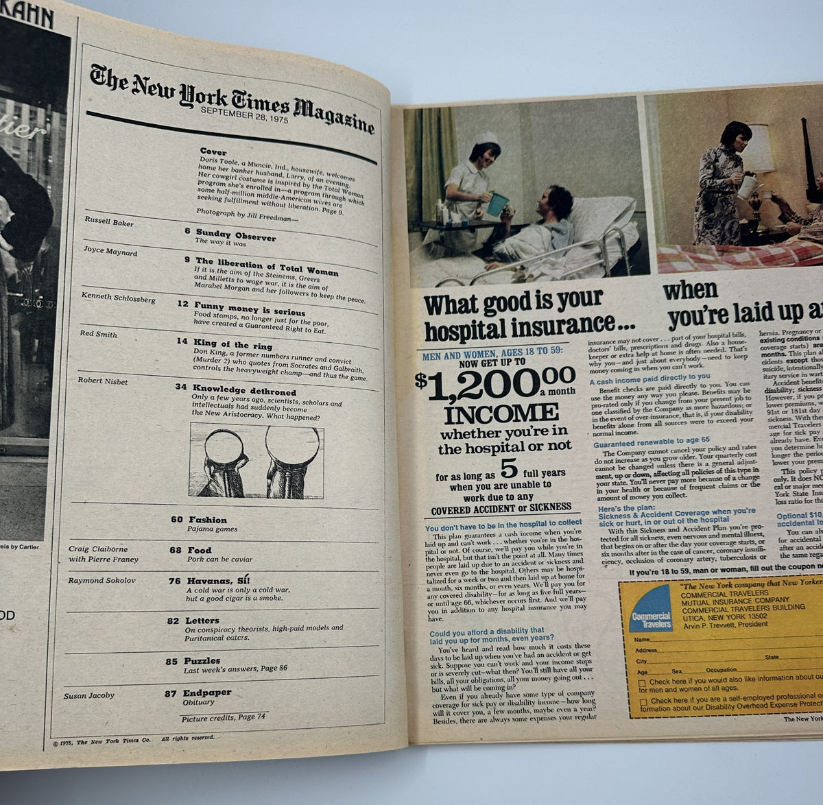 Inside page of The New York Times Magazine, September 28, 1975, displaying the Table of Contents including sections like 'Sunday Observer' and 'Knowledge dethroned' alongside hospital insurance information.