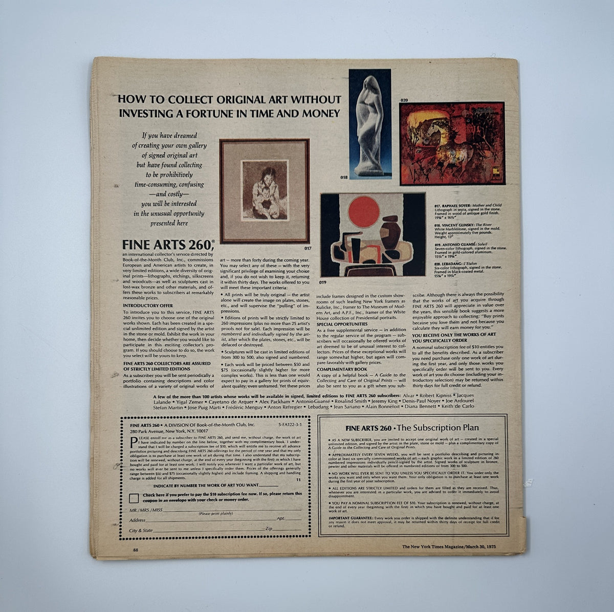 Back cover of The New York Times Magazine March 30, 1975 promoting fine arts collection and subscription options, illustrating the magazine's engagement with arts and culture.