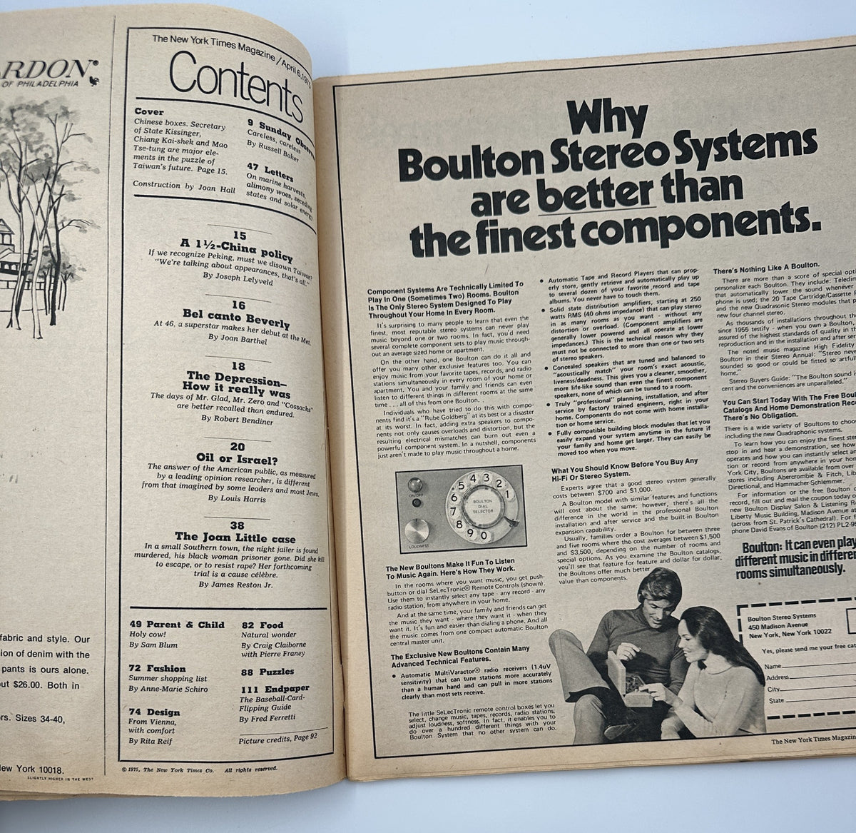 Interior spread of The New York Times Magazine from April 6, 1975, displaying the table of contents and an article entitled 'Why Boulton Stereo Systems are better than the finest components,' reflecting the magazine's diverse content.