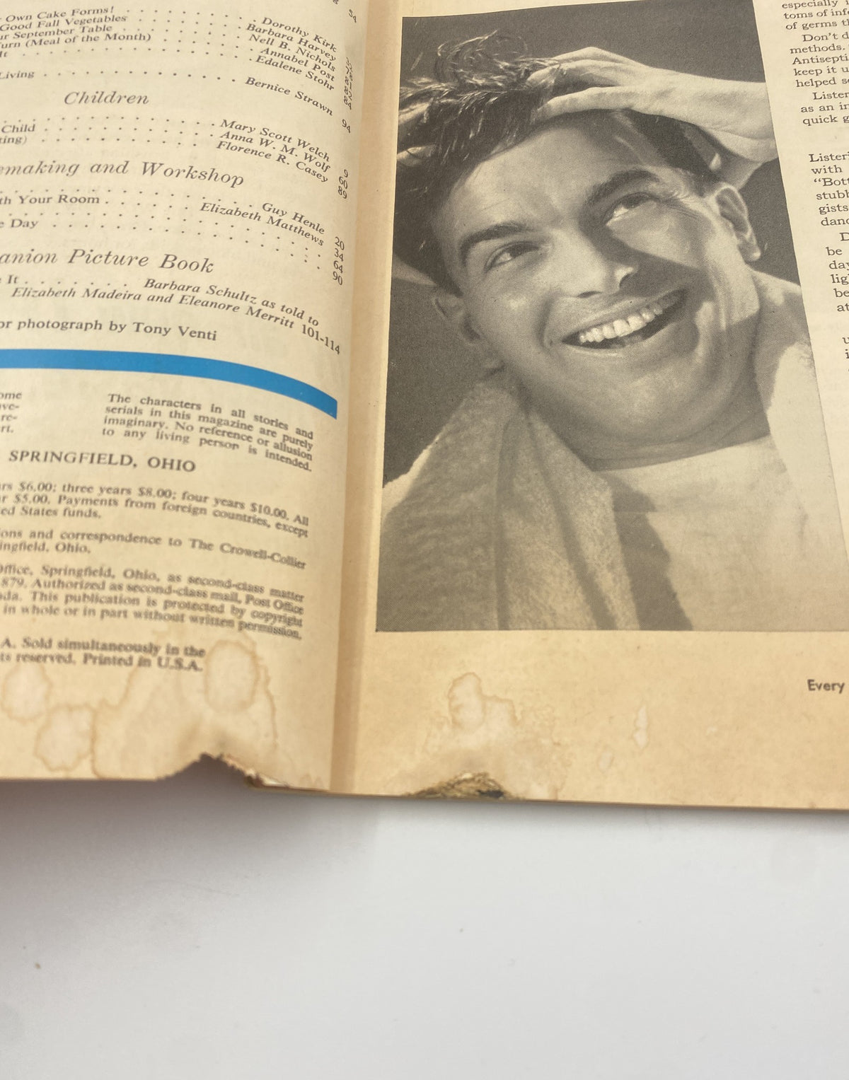 Close-up of a page from Woman’s Home Companion Magazine September 1954 showing a smiling man receiving hair treatment for dandruff with the title 'Infectious Dandruff'.