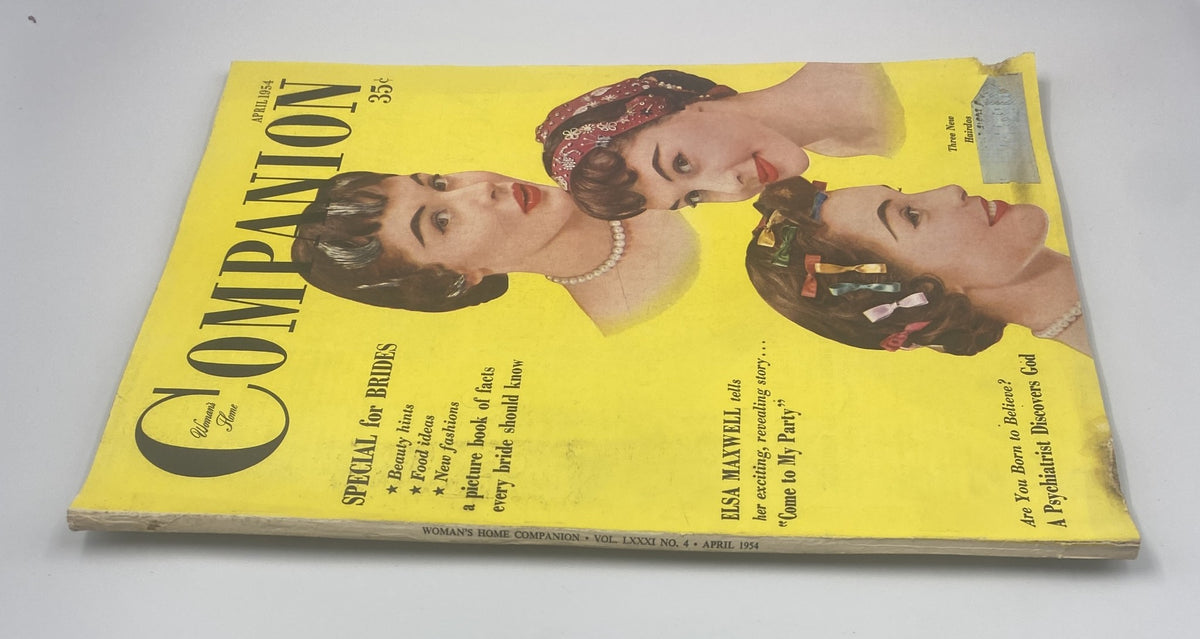 Another view of the cover of Woman’s Home Companion Magazine April 1954, highlighting Elsa Maxwell’s story 'Come to My Party', with images of women sporting classic 1950s hairstyles against a bright yellow backdrop.