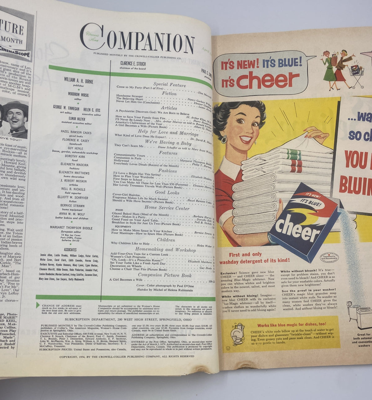 Interior page of Woman’s Home Companion Magazine April 1954 displaying the Table of Contents, featuring articles including a psychiatry piece and an article on love and marriage, along with stylish advertisements.