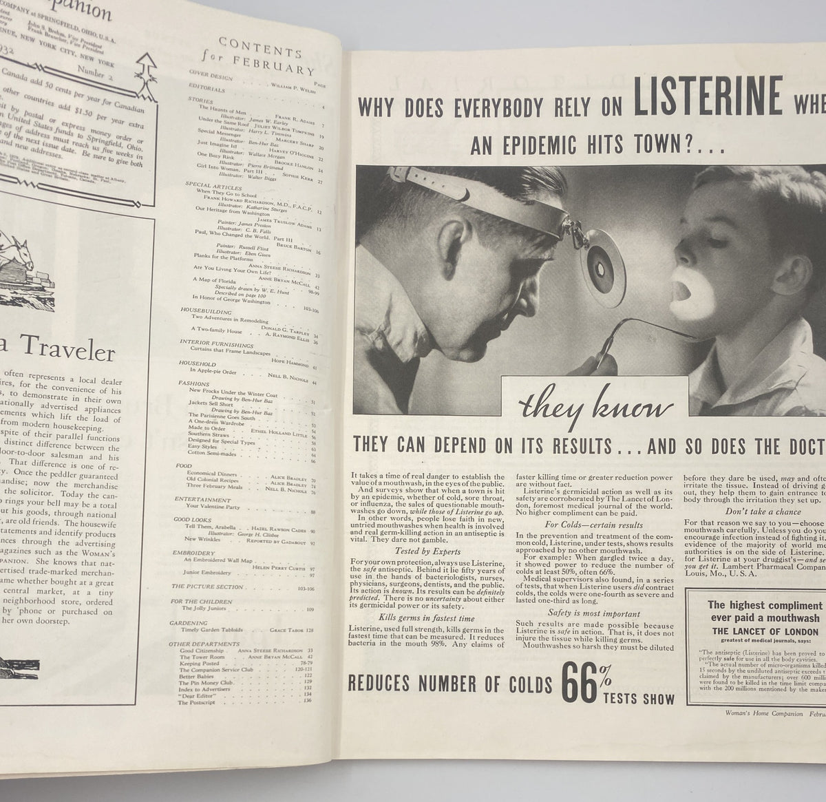 Inside spread of Woman’s Home Companion Magazine February 1932 featuring a vintage advertisement for Listerine, showcasing a doctor and patient with the text about epidemic health solutions.