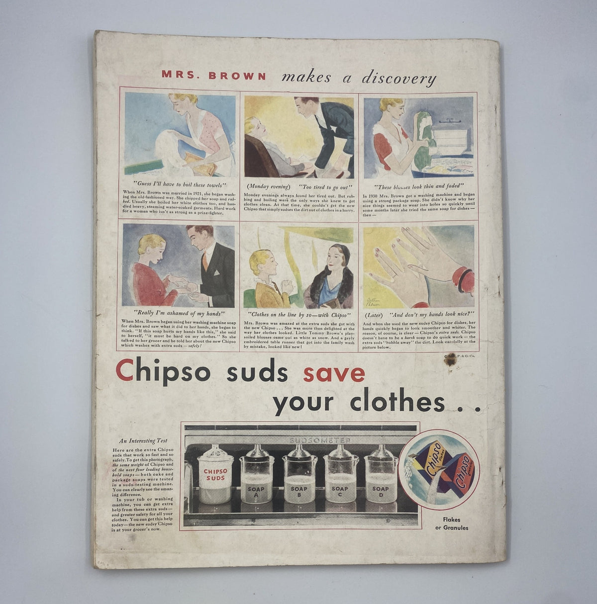 Back cover of Woman’s Home Companion Magazine February 1932 displaying an advertisement for Chipso suds, illustrating a woman cleaning clothes with a series of comic panels promoting effectiveness in laundry.