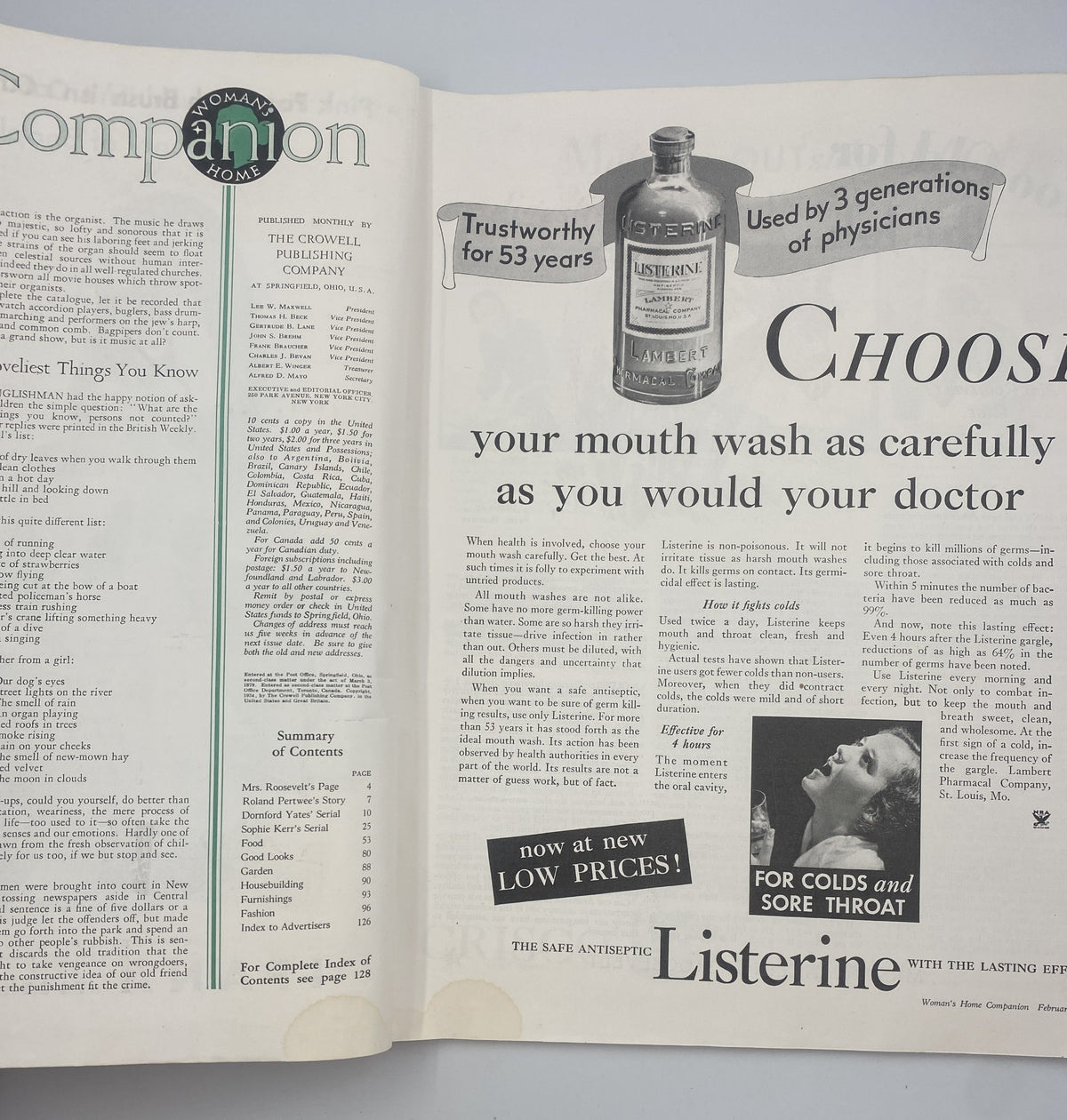 Inside spread of Woman’s Home Companion Magazine February 1934, showcasing an advertisement for Listerine mouthwash, emphasizing its trustworthiness and usage by physicians.