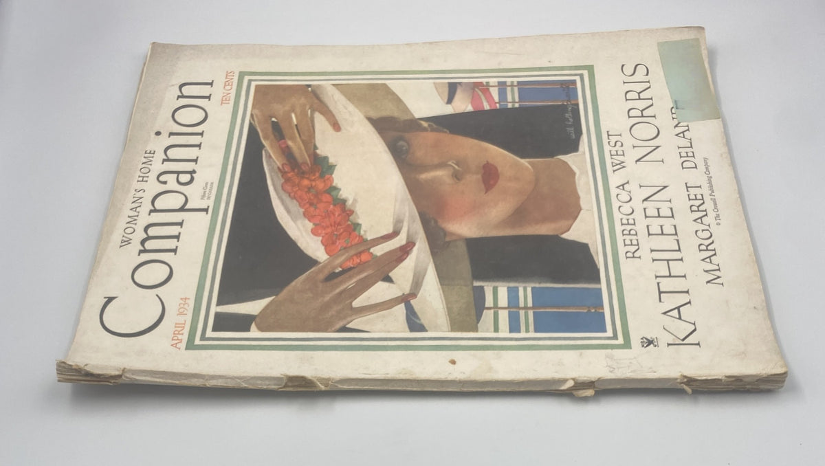 Another view of the April 1934 cover of Woman’s Home Companion Magazine, depicting a woman in a fashionable hat, part of a publication featuring works by Rebecca West and Kathleen Norris.