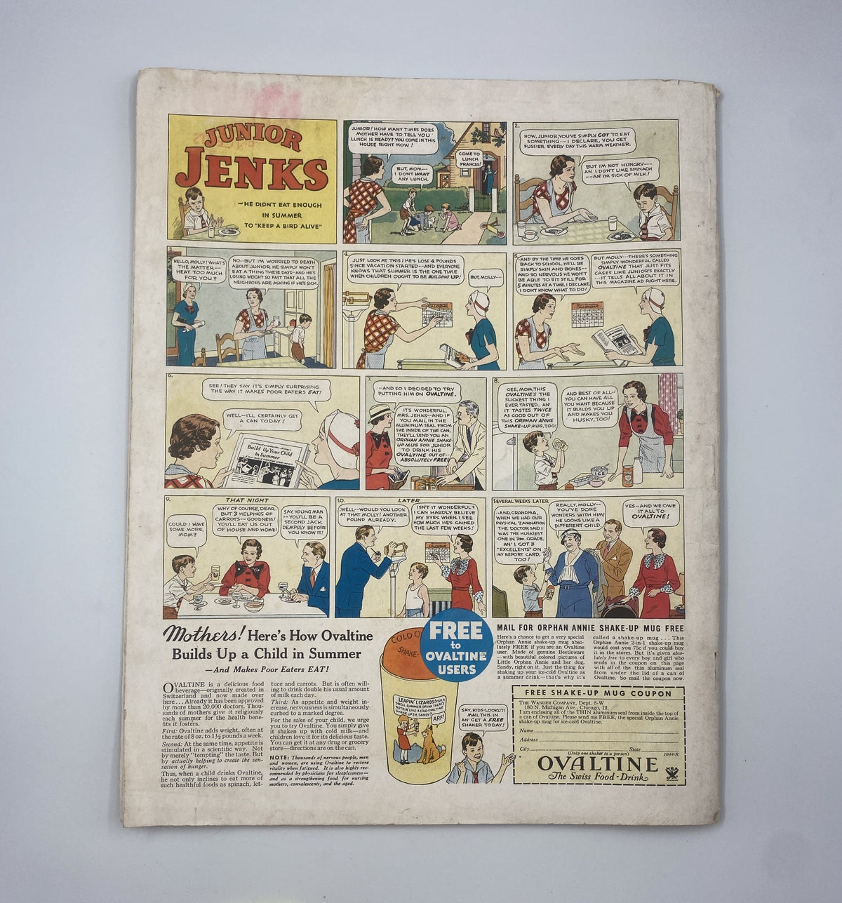 Back cover of Woman’s Home Companion Magazine, August 1934, featuring the comic strip 'Junior Jenks' and an advertisement for Ovaltine, targeting mothers and children with summer health tips.