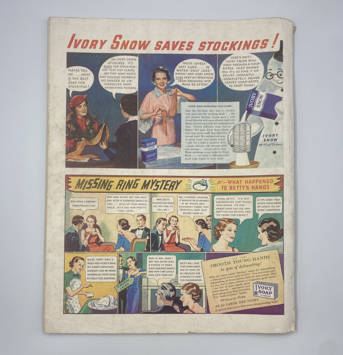 Illustration from Woman’s Home Companion Magazine February 1936 showcasing a vintage advertisement for Ivory Snow laundry detergent, featuring various women discussing laundry tips and the importance of snow white stockings, linked to the title 'Woman’s Home Companion Magazine February 1936 Midwinter Fiction Kerr Buck'.