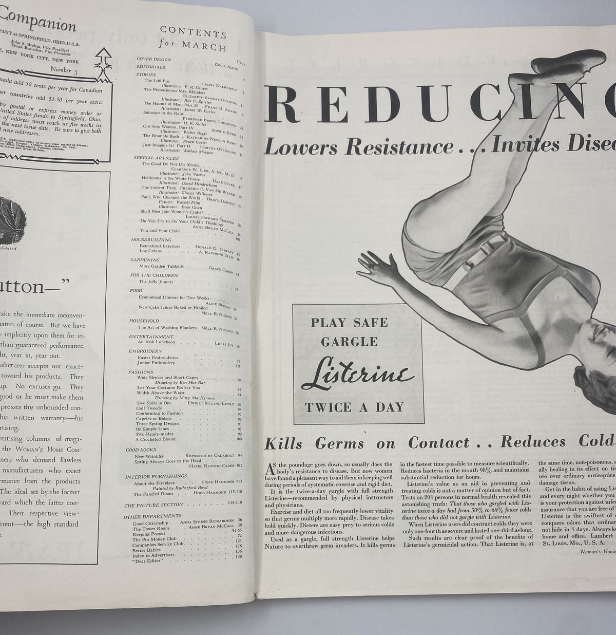 Inside page of Woman’s Home Companion Magazine March 1932 displaying an advertisement for Listerine, promoting health with a vintage design.